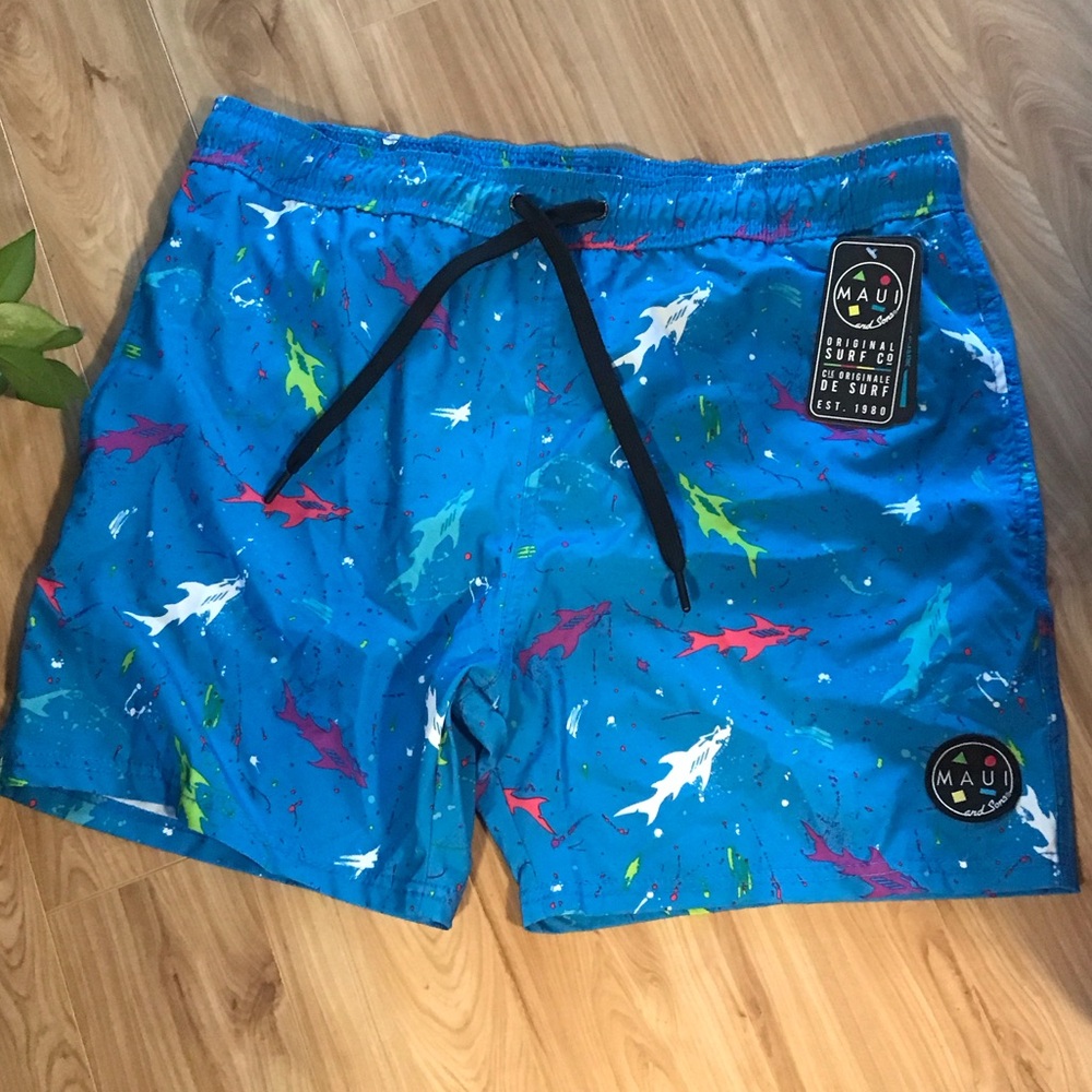 Maui and Sons Blue Shark Pattern Swim Trunks